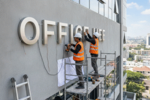 Pemasangan huruf timbul akrilik menyala pada dinding kantor di kawasan industri Cikarang.
