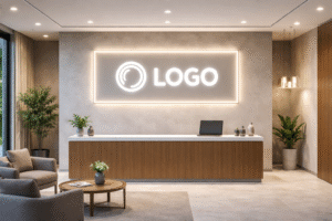 Neon box indoor dengan logo brand menyala terang terpasang rapi di dinding interior ruangan bisnis modern.