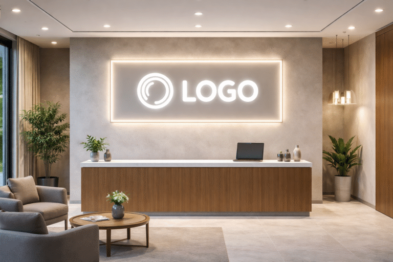 Neon box indoor dengan logo brand menyala terang terpasang rapi di dinding interior ruangan bisnis modern.