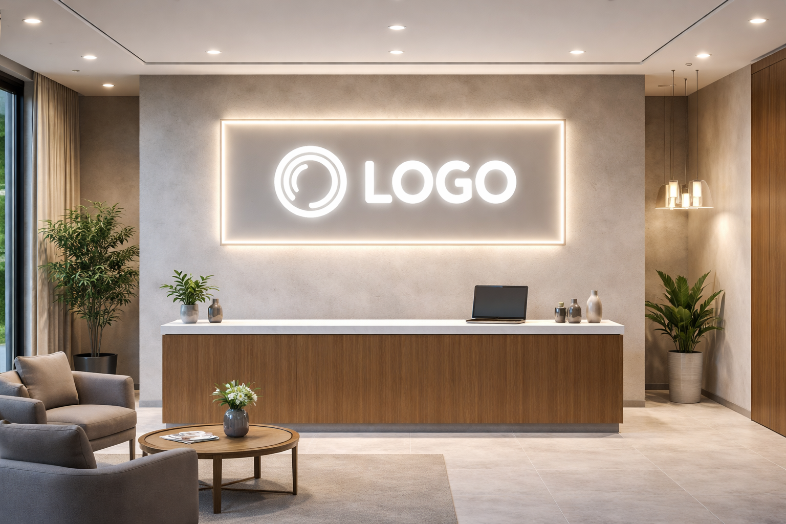 Neon box indoor dengan logo brand menyala terang terpasang rapi di dinding interior ruangan bisnis modern.