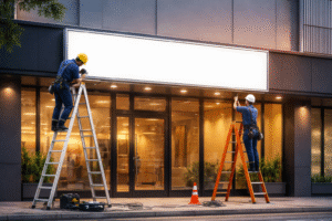 Proses pemasangan neon box di depan bangunan toko dengan pencahayaan LED terang dan tampilan profesional