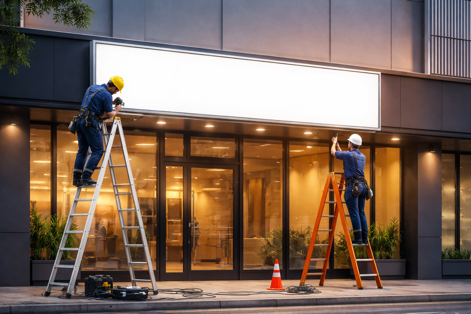 Proses pemasangan neon box di depan bangunan toko dengan pencahayaan LED terang dan tampilan profesional