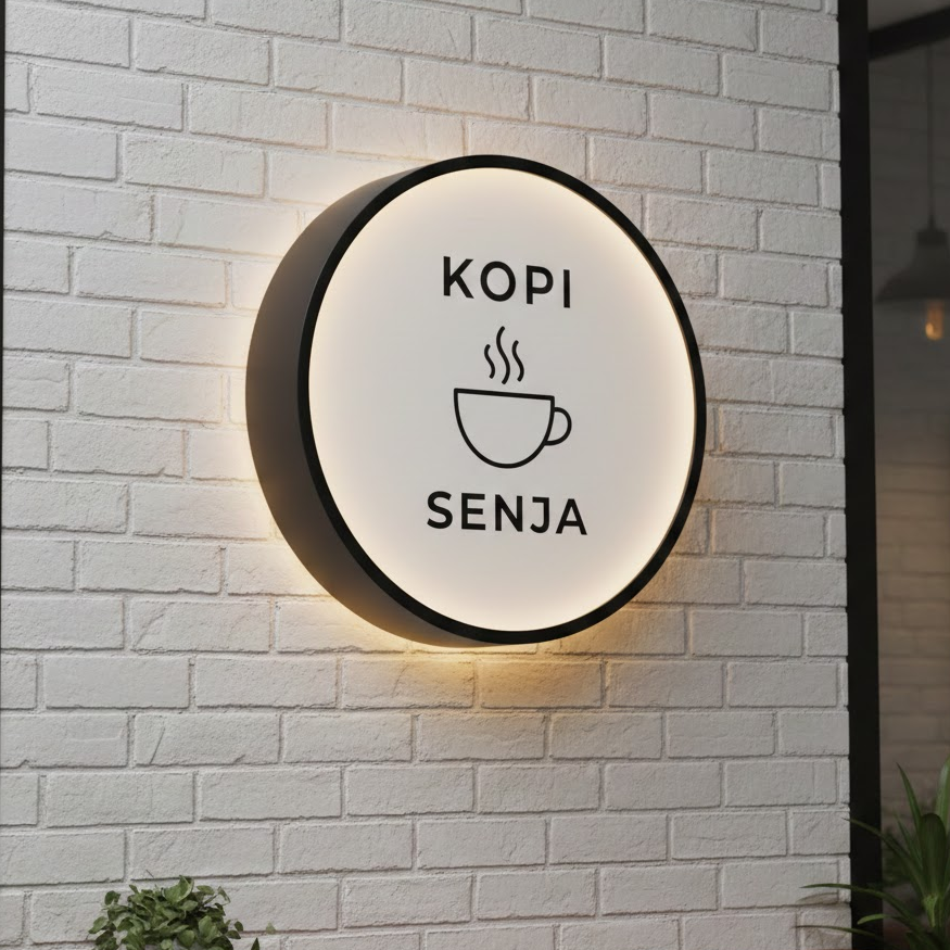 Neon Box Akrilik LED terang terpasang di depan toko kawasan Tambun sebagai media promosi bisnis.