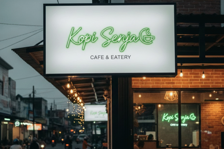 Pemasangan neon box akrilik menyala terang di depan toko kawasan Bekasi Pusat pada malam hari.