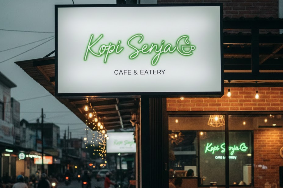 Pemasangan neon box akrilik menyala terang di depan toko kawasan Bekasi Pusat pada malam hari.