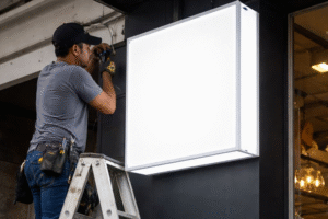 Pemasangan neon box custom akrilik menyala terang di depan ruko komersial kawasan Cikarang saat malam hari.