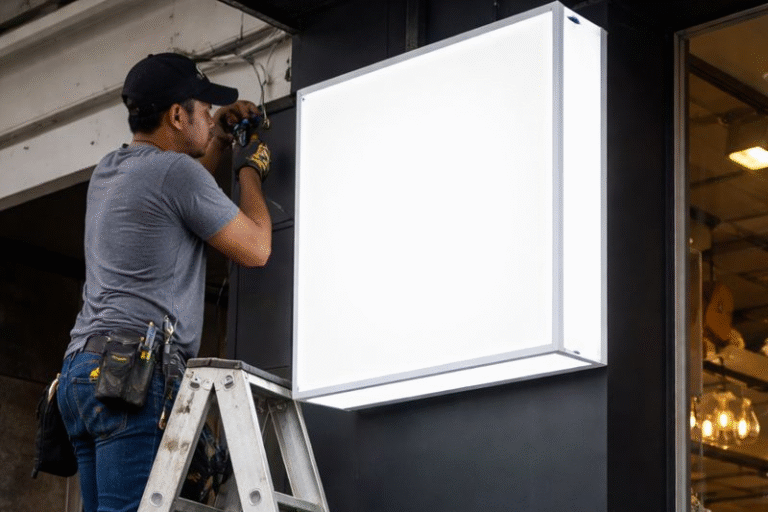 Pemasangan neon box custom akrilik menyala terang di depan ruko komersial kawasan Cikarang saat malam hari.
