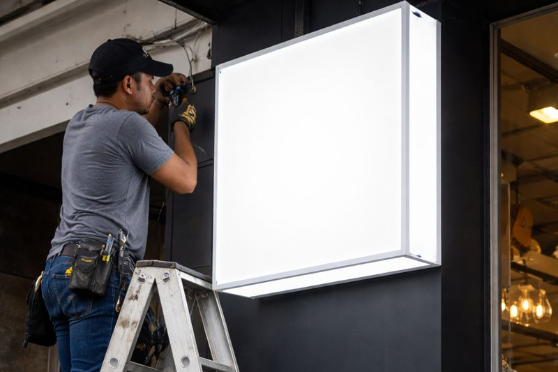 Pemasangan neon box custom akrilik menyala terang di depan ruko komersial kawasan Cikarang saat malam hari.