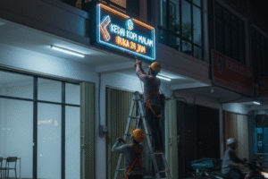 Pemasangan huruf timbul akrilik menyala dengan lampu LED untuk identitas visual toko modern di malam hari.