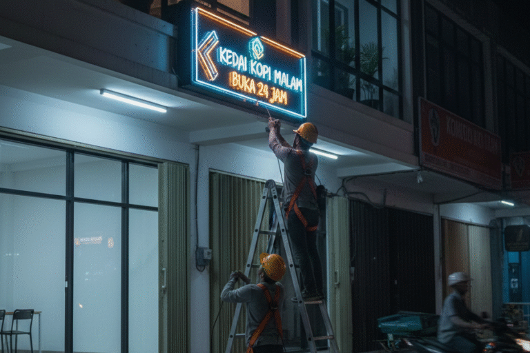 Pemasangan huruf timbul akrilik menyala dengan lampu LED untuk identitas visual toko modern di malam hari.