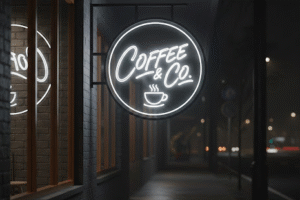 Jasa neon box profesional dengan desain modern dan pencahayaan LED terang di depan toko pada malam hari