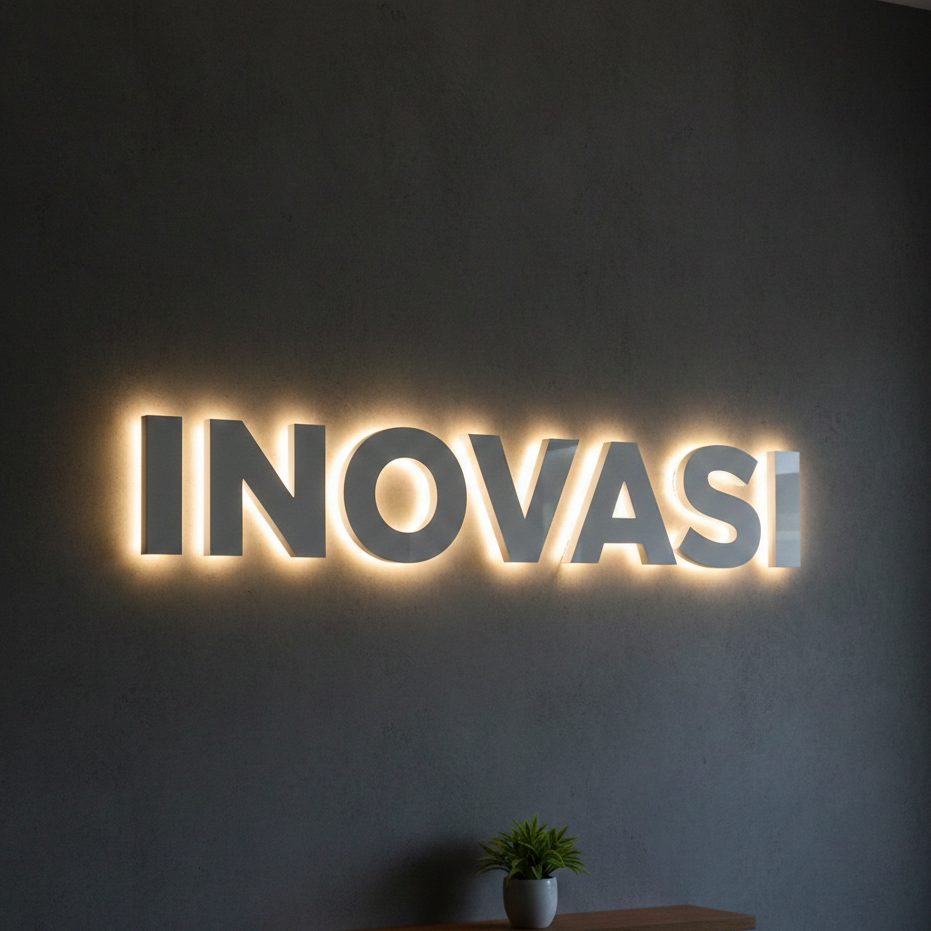 Papan nama toko menggunakan huruf timbul akrilik menyala dengan lampu LED warna putih yang elegan dan terlihat profesional.