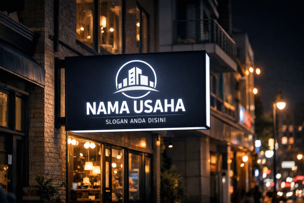 Neon box toko modern dengan pencahayaan LED terang menampilkan logo usaha yang jelas dan menarik perhatian.