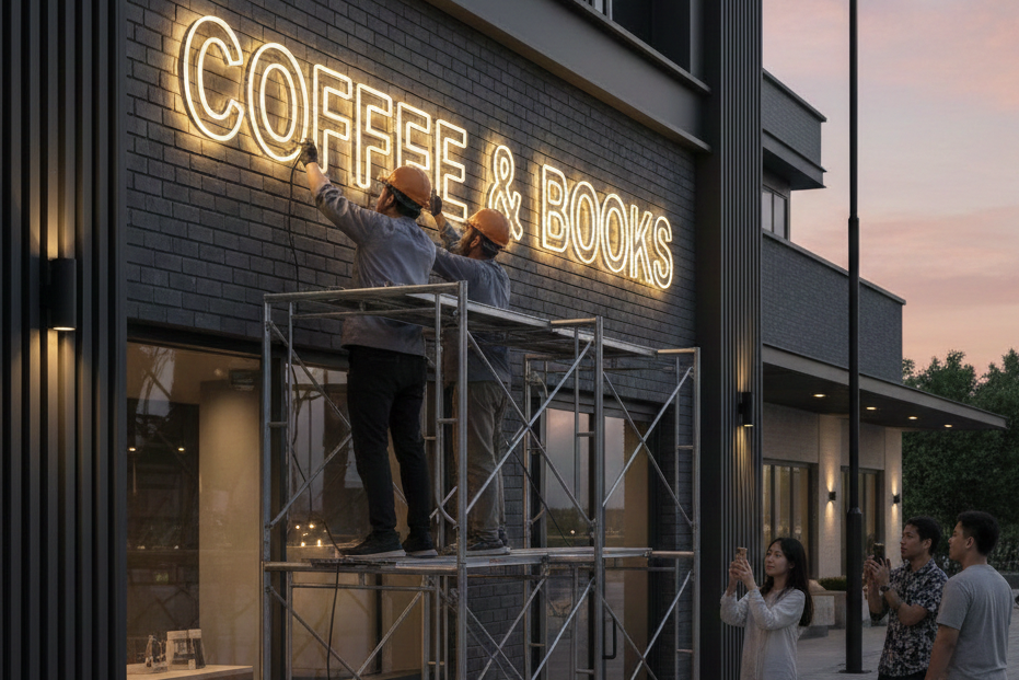 Pemasangan huruf timbul akrilik menyala warna-warni di ruko strategis wilayah Tambun.