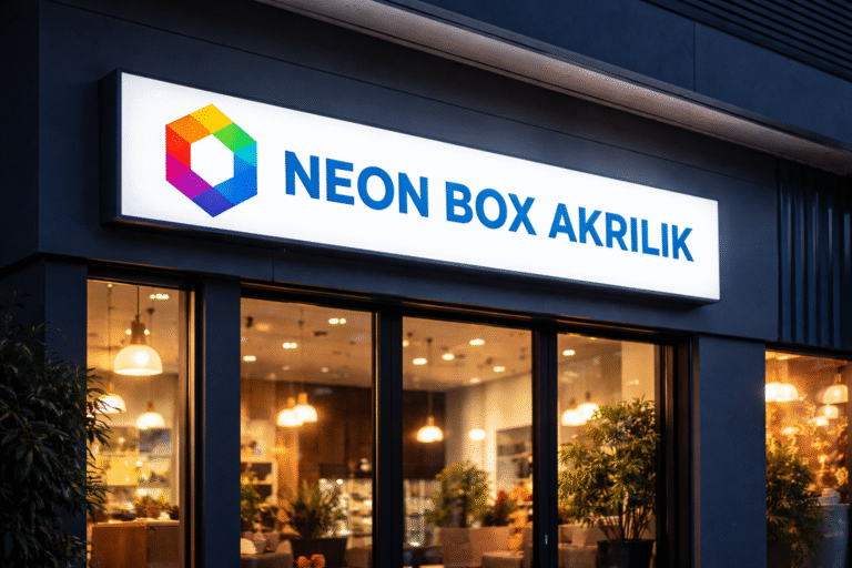 Neon box Cikarang terpasang di depan ruko dengan desain modern dan pencahayaan LED terang pada malam hari.