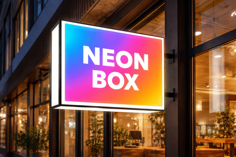 Neon box akrilik elegan di pusat pertokoan Cikarang dengan lampu LED terang pada malam hari.