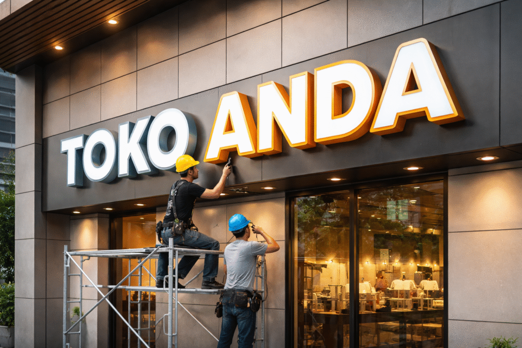 Huruf timbul modern terpasang di depan bangunan bisnis dengan desain rapi, profesional, dan pencahayaan menarik.