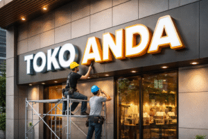 Proses pembuatan huruf timbul profesional terpasang rapi di fasad bangunan usaha dengan tampilan modern dan elegan.