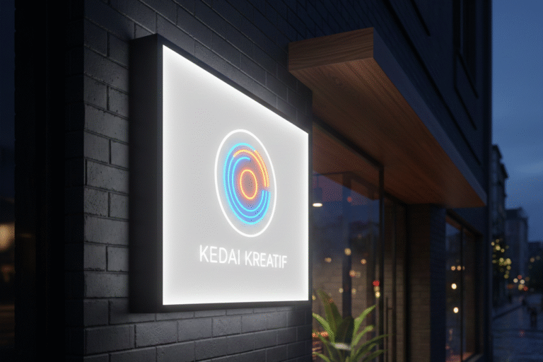 Neon box akrilik minimalis menyala terang di depan toko Jakarta saat malam hari.