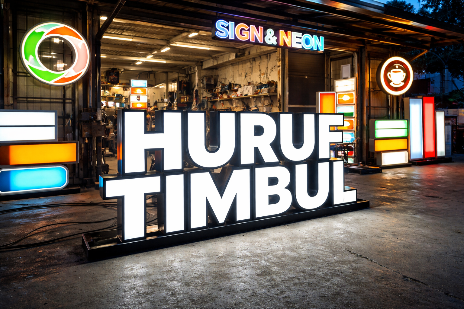 Huruf timbul akrilik menyala dengan lampu LED untuk branding toko modern.