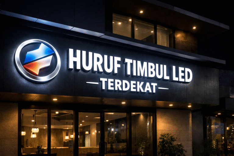 Huruf Timbul LED modern terpasang di fasad bangunan usaha dengan cahaya terang dan desain profesional