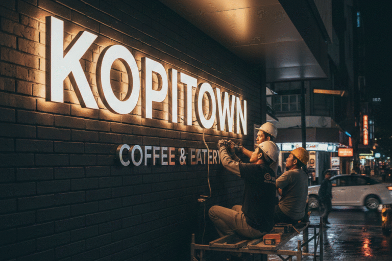 Pemasangan huruf timbul custom akrilik menyala untuk toko di area Bekasi yang terlihat profesional saat malam hari.