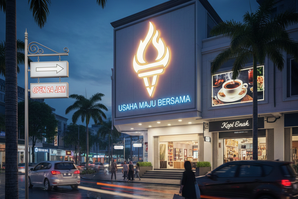 Pemasangan Neon Box akrilik menyala terang di depan toko sebagai media promosi bisnis yang profesional dan elegan.