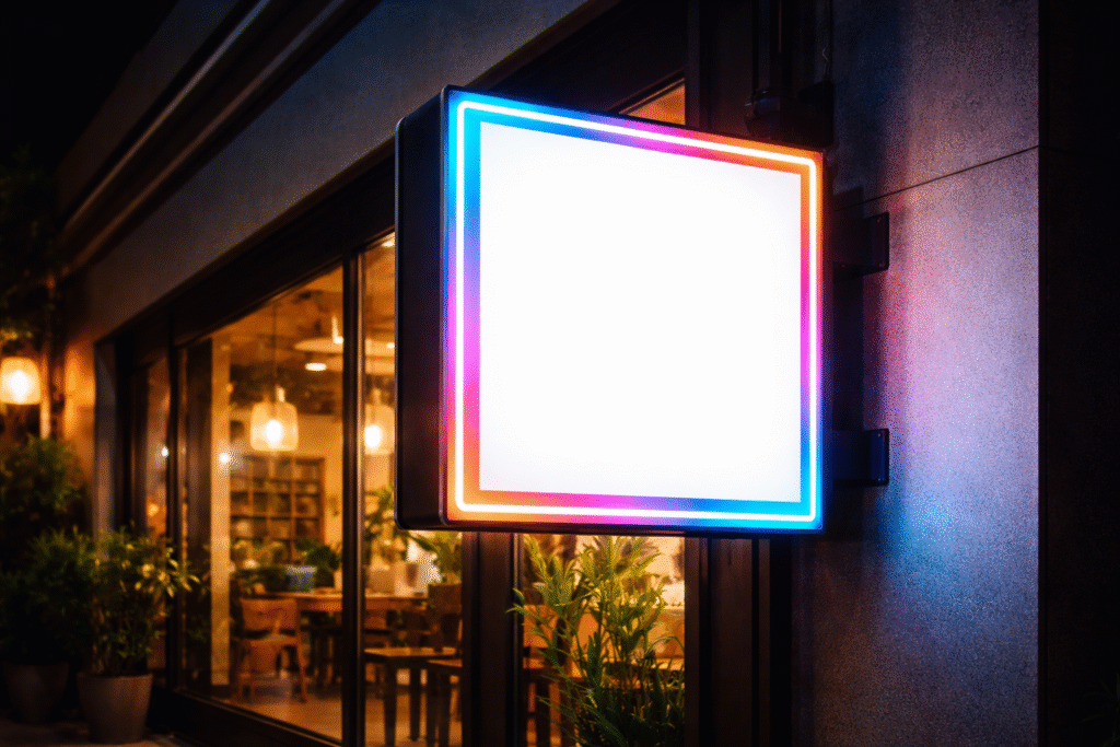 Desain neon box modern dengan pencahayaan LED terang terpasang di depan tempat usaha dan terlihat jelas malam hari.