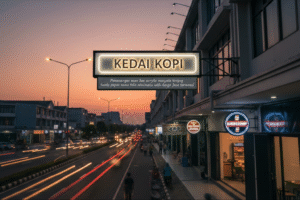 Produk neon box akrilik menyala terang di depan toko kawasan Bekasi pada malam hari yang estetik.