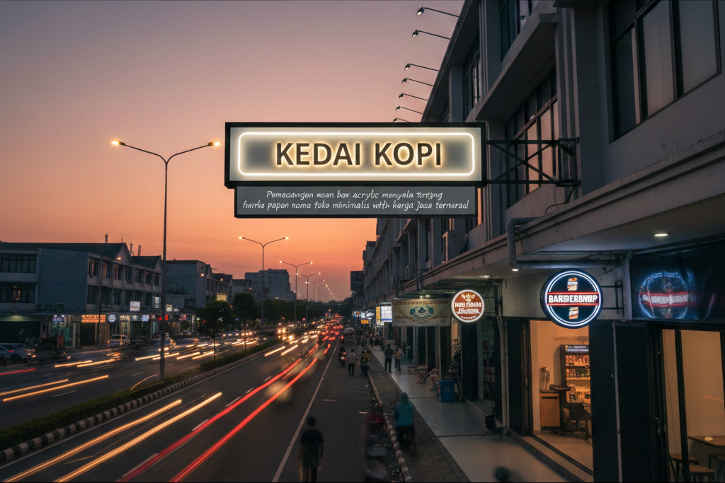Produk neon box akrilik menyala terang di depan toko kawasan Bekasi pada malam hari yang estetik.