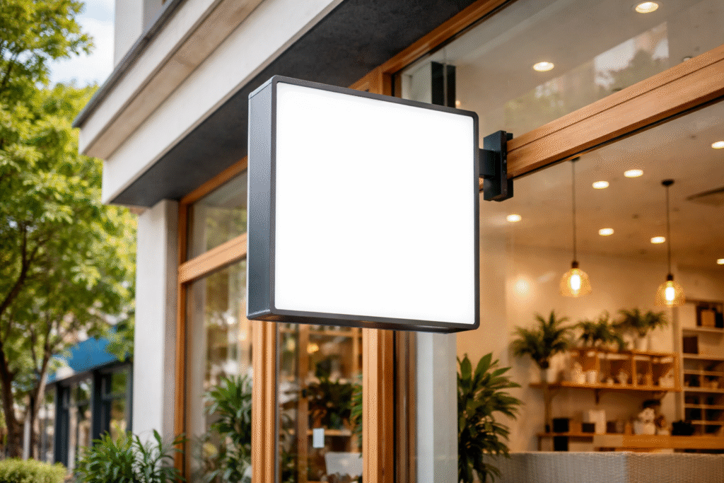 Neon box profesional termurah dengan desain modern terpasang di depan toko, terlihat terang dan menarik perhatian pelanggan.