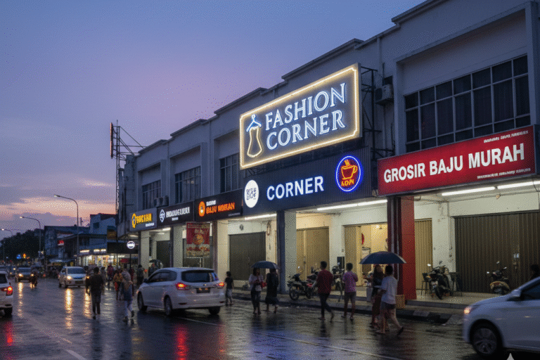 Contoh desain huruf timbul custom bahan akrilik menyala untuk nama toko di depan gedung perusahaan.