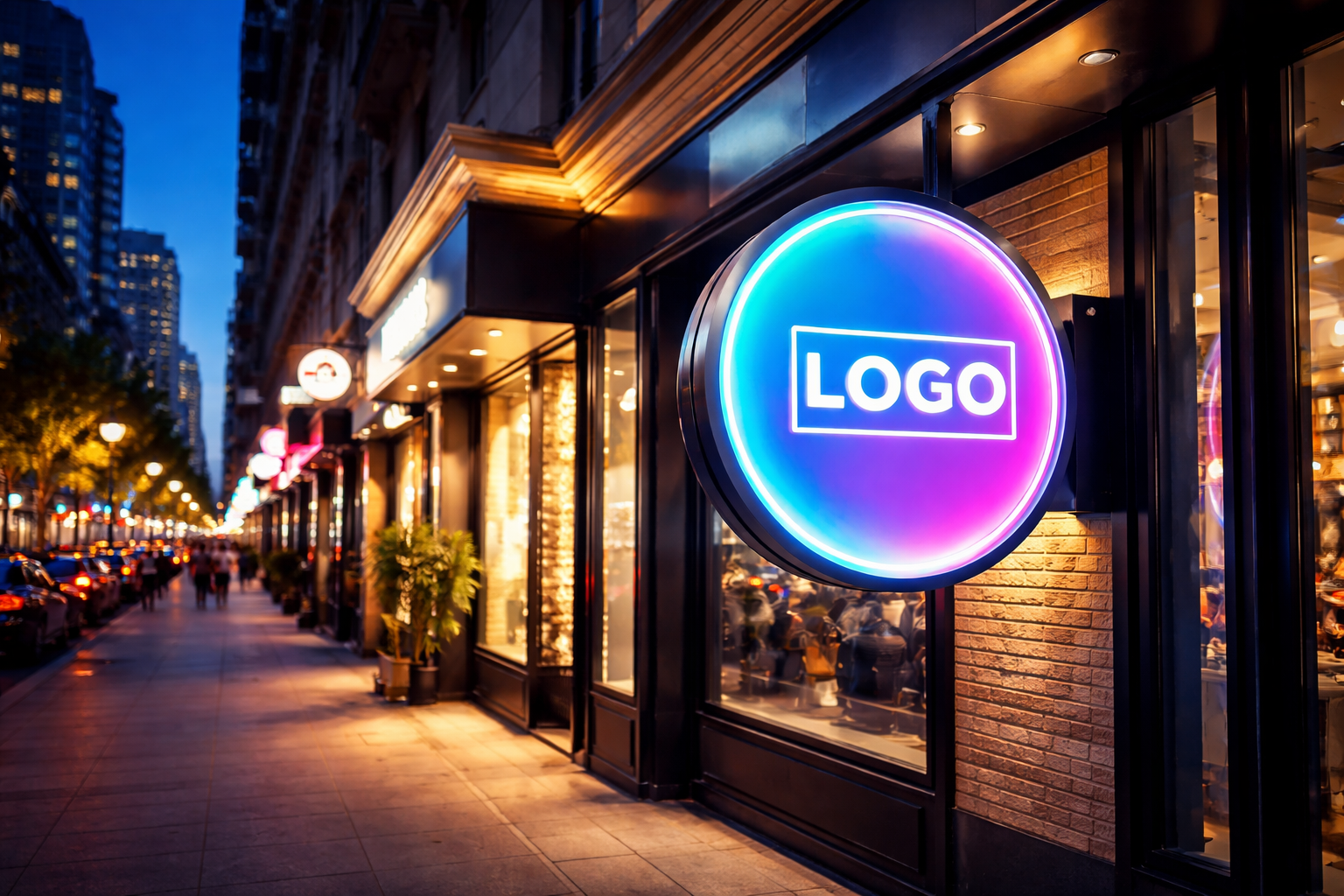 Desain neon box modern dengan pencahayaan LED terang menampilkan logo bisnis secara jelas dan menarik perhatian.