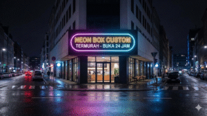 Pemasangan neon box akrilik menyala terang di depan toko kawasan Pancoran Jakarta Selatan oleh tim ahli.