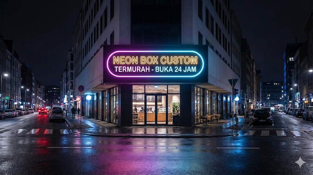 Pemasangan neon box akrilik menyala terang di depan toko kawasan Pancoran Jakarta Selatan oleh tim ahli.