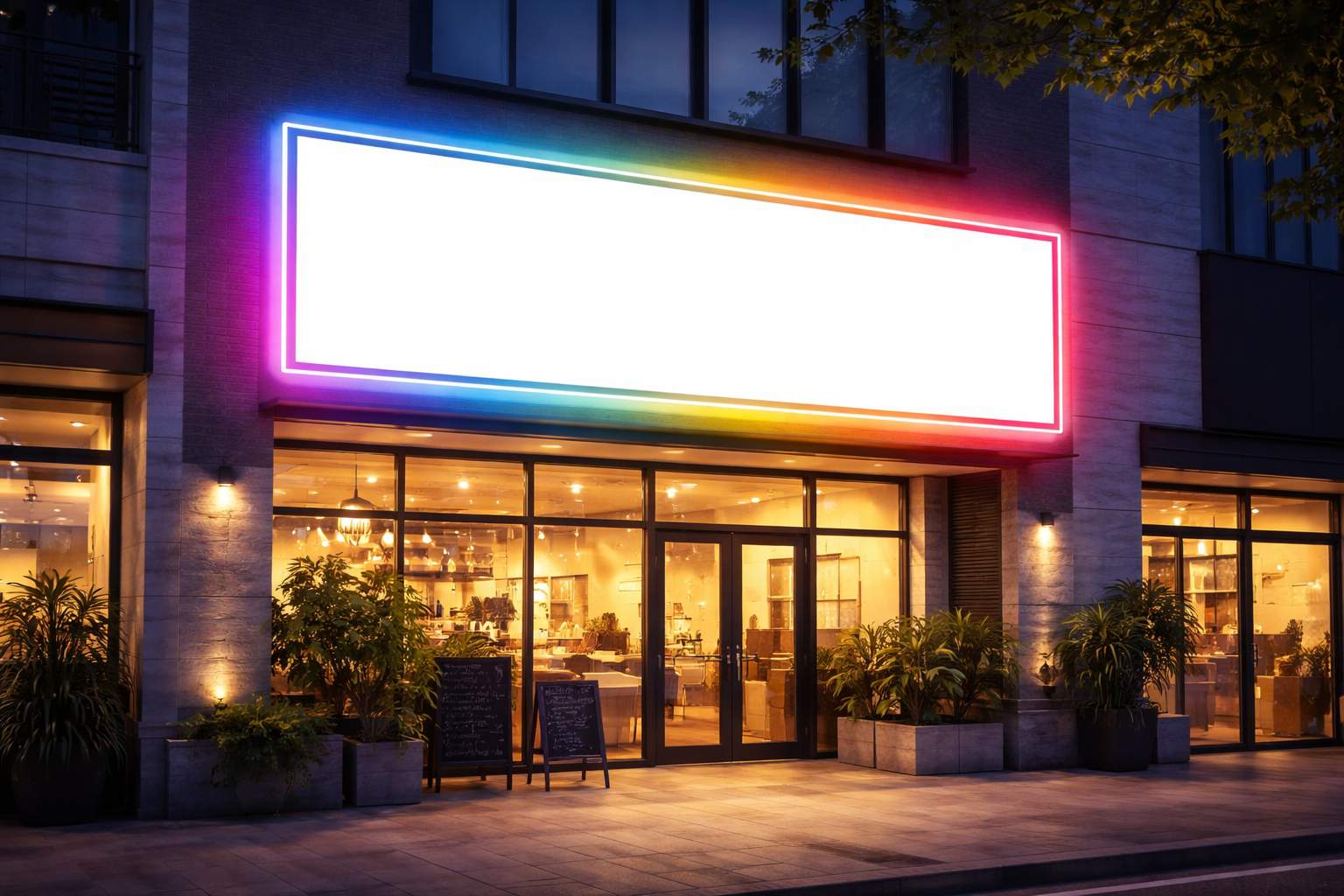 Neon box akrilik Jakarta yang menyala terang dengan desain modern untuk identitas brand toko di Jakarta.