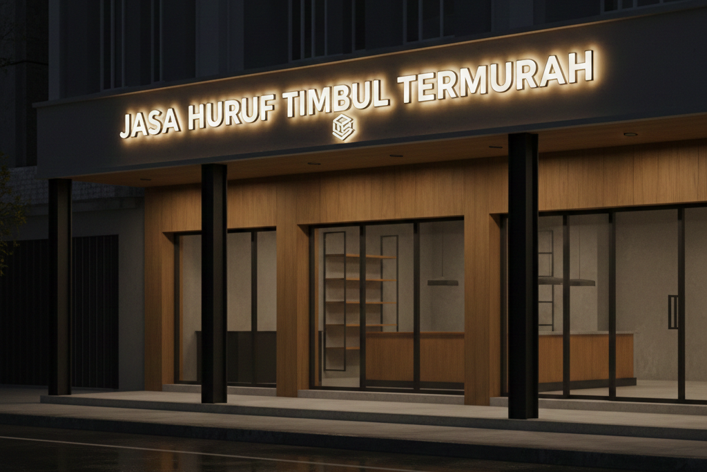 Pemasangan papan nama jasa huruf timbul termurah bahan akrilik menyala untuk dekorasi fasad toko minimalis modern.
