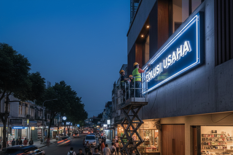 Neon box akrilik terpasang di depan toko modern dengan pencahayaan LED terang