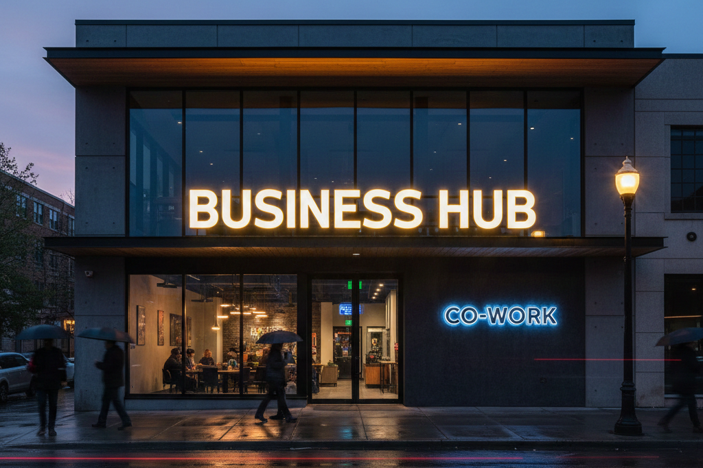 Papan nama huruf timbul akrilik menyala di depan kantor Cikarang.