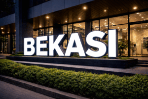 huruf timbul outdoor akrilik menyala di depan toko wilayah Bekasi saat malam hari.