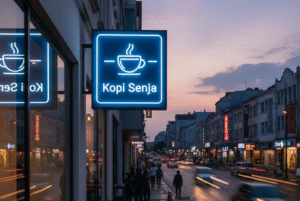 Neon box akrilik menyala terang dengan lampu LED untuk papan nama toko di malam hari.