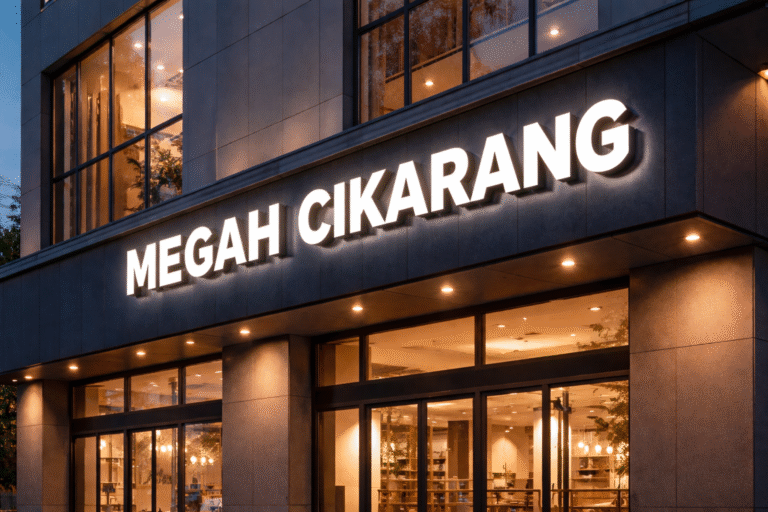 Huruf timbul outdoor LED terpasang di Fasad gedung dengan desain modern menyala terang pada malam hari