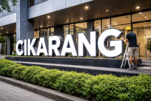 Huruf timbul Cikarang terpasang rapi di depan gedung bisnis dengan desain modern dan pencahayaan menarik.
