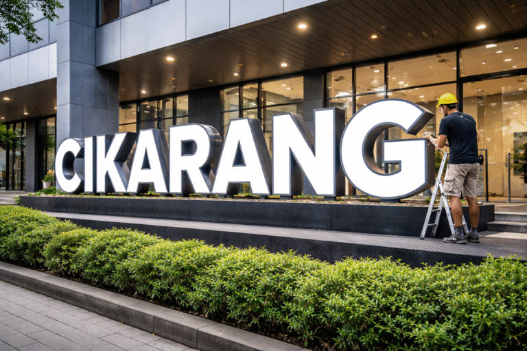 Huruf timbul Cikarang terpasang rapi di depan gedung bisnis dengan desain modern dan pencahayaan menarik.