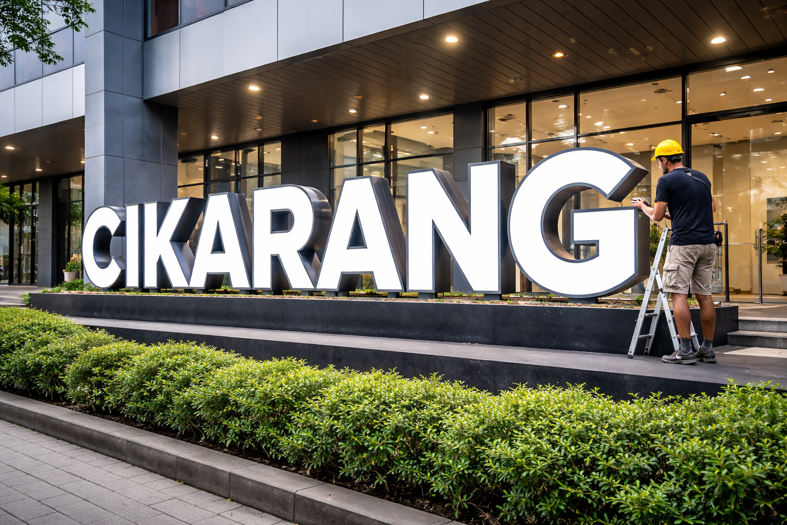 Huruf timbul Cikarang terpasang rapi di depan gedung bisnis dengan desain modern dan pencahayaan menarik.