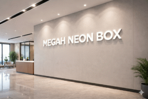 Tampilan mewah huruf timbul indoor bahan akrilik dengan lampu LED halo effect di dinding lobi kantor.