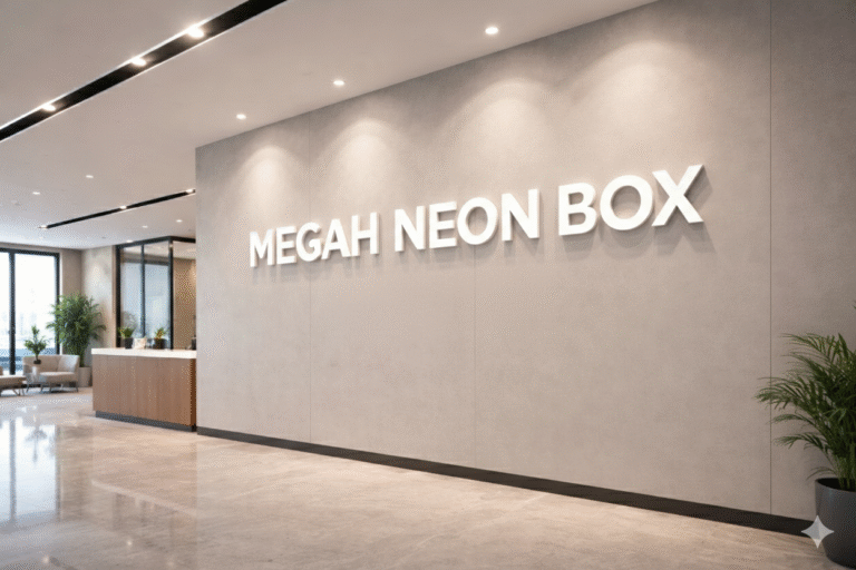 Tampilan mewah huruf timbul indoor bahan akrilik dengan lampu LED halo effect di dinding lobi kantor.