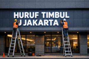 Huruf timbul Jakarta terpasang rapi di fasad bangunan bisnis dengan desain modern dan pencahayaan LED menarik.