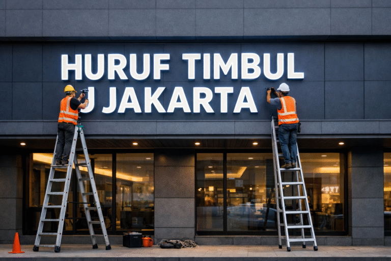 Huruf timbul Jakarta terpasang rapi di fasad bangunan bisnis dengan desain modern dan pencahayaan LED menarik.