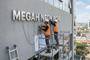 Pemasangan huruf timbul akrilik menyala di sebuah ruko area Bekasi yang terlihat modern dan profesional.